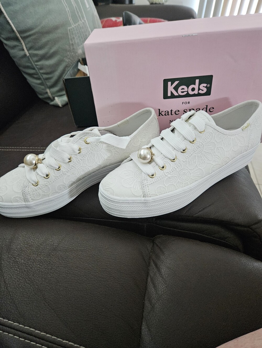 Keds Kate Spade White Lace Sneakers with Pearl Accent